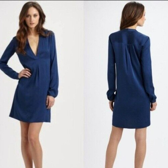 Vince Silk Tunic Shift Dress Size 2 Blue Stretch Pockets V-Neck L/S Minimalist - Picture 1 of 12